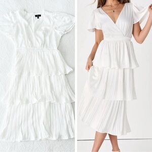 NWOT Lulus Twirl-wind Romance White Satin Tiered Midi Dress XLarge